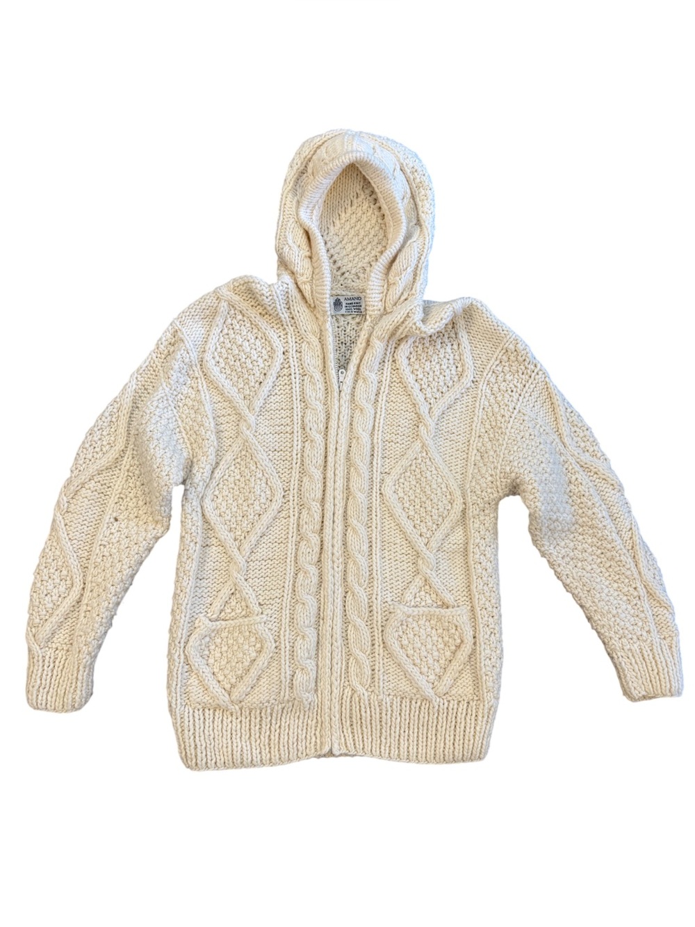 Vintage AMANO Hand Knit White Cream Chunky Cable Knit Wool Hooded Jacket Sweater